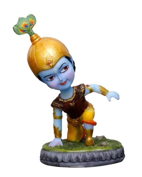 Handcrafted Cute Cartoon Krishna Action Version On Base For Home Decoration-Height-5.5 Inches-Resin