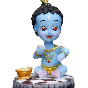 Handcrafted Cute Cartoon Krishna Eating Butter On Base For Home Decoration-Height-5 Inches-Resin
