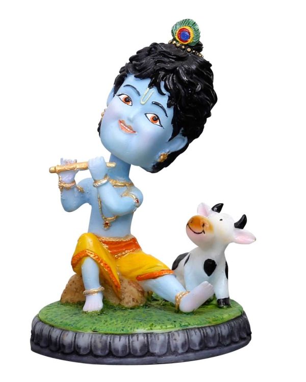 Handcrafted Cute Cartoon Krishna Playing Flute Besides Cow On Base For Home Decoration-Height-5 Inches-Resin