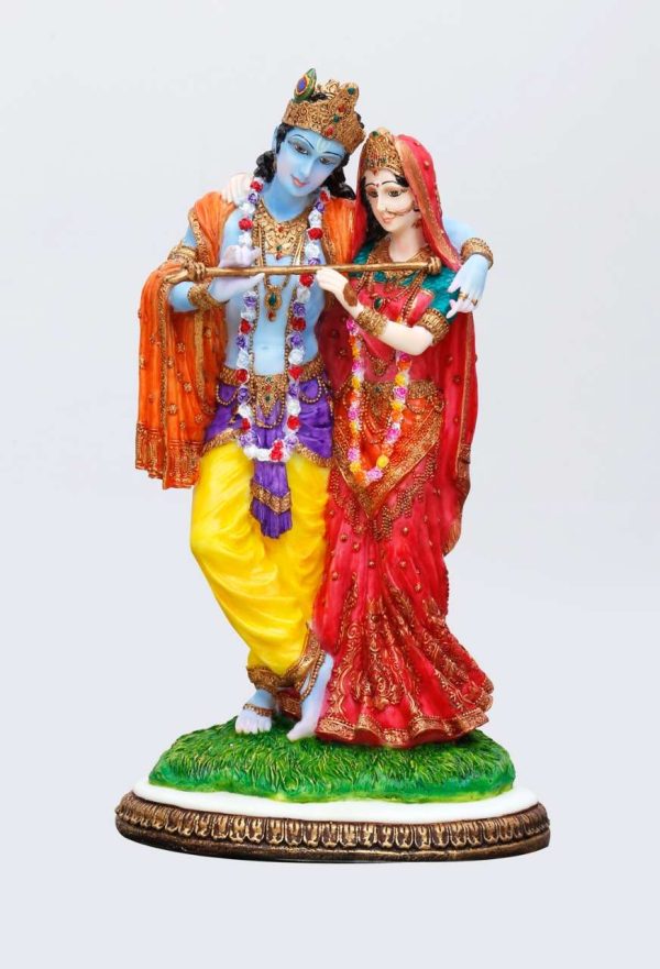 Handcrafted Big Standing Radha and Krishna Playing Flute-Height-12.5 Inches-Multicolour-Resin