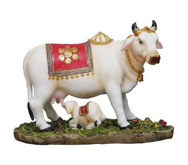Sri Krishna Culture- Big Beautiful Cow and Calf for Home Decoration-Length-9 Inches and Height-8 Inches-Multicoloured-Resin