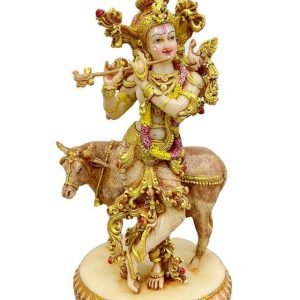 SrI Krishna CULTURE-New Standing Krishna Playing Flute Besides Cow-Height-10.5 Inches for Home Decoration-Antique Finish