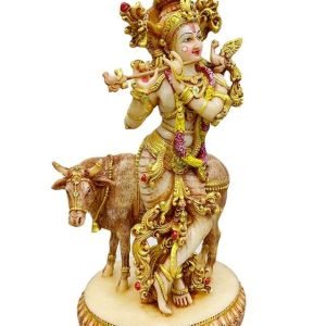 SrI Krishna CULTURE-New Standing Krishna Playing Flute Besides Cow-Height-10.5 Inches for Home Decoration-Antique Finish