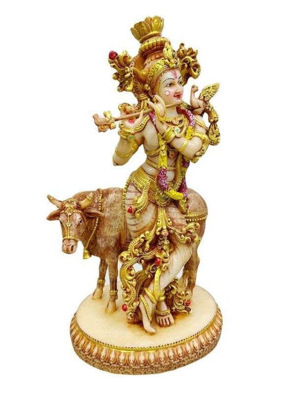 SrI Krishna CULTURE-New Standing Krishna Playing Flute Besides Cow-Height-10.5 Inches for Home Decoration-Antique Finish - Image 2