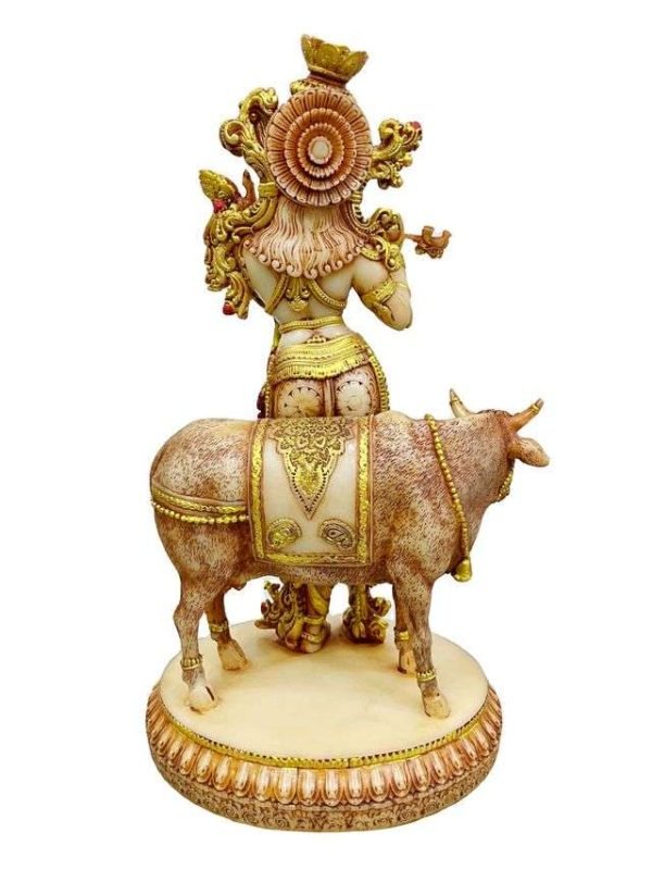 SrI Krishna CULTURE-New Standing Krishna Playing Flute Besides Cow-Height-10.5 Inches for Home Decoration-Antique Finish - Image 3