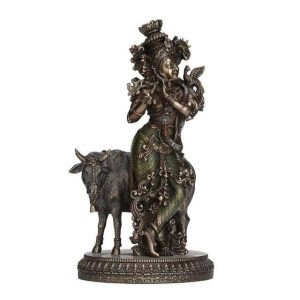 SrI Krishna CULTURE-New Standing Krishna Playing Flute Besides Cow-Height-10.5 Inches Showpiece for Home Decoration-Multicoloured, Resin