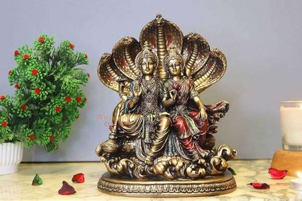 Sri Krishna Culture-New Vishnu and Laxmi Sitting With Snake (Sinhasan Pose)-Antique Finish-Height-10 Inches