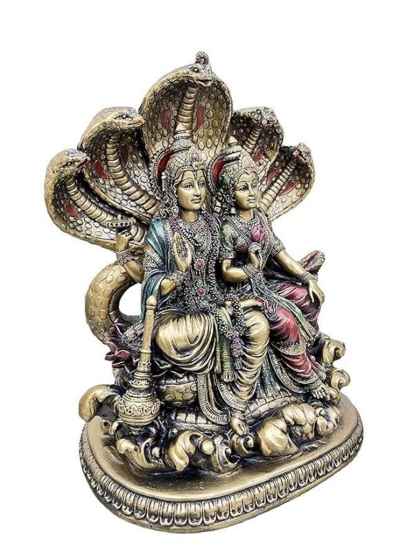 Sri Krishna Culture-New Vishnu and Laxmi Sitting With Snake (Sinhasan Pose)-Antique Finish-Height-10 Inches - Image 3