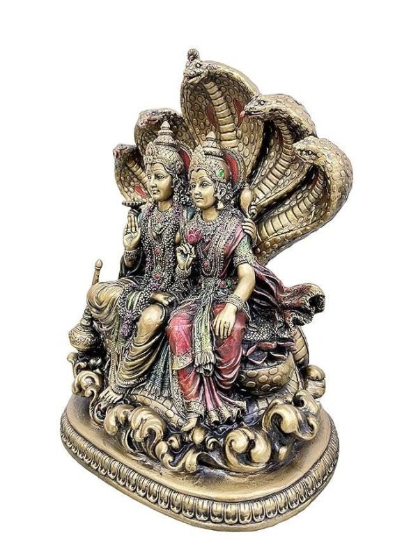 Sri Krishna Culture-New Vishnu and Laxmi Sitting With Snake (Sinhasan Pose)-Antique Finish-Height-10 Inches - Image 4