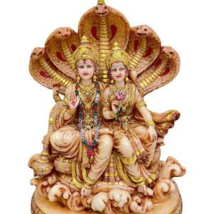 Sri Krishna Culture-New Vishnu and Laxmi Ji Sitting with Snake (Sinhasan Pose)-Ivory Antique Finish-Height-10 Inches