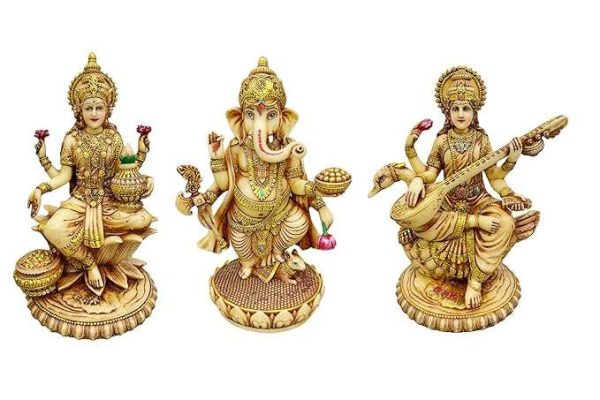 Sri Krishna Culture Set of Laxmi,Ganesh (Standing Position) and Saraswati-Set for Home and Gift-Height 8 Inches-Antique Finish