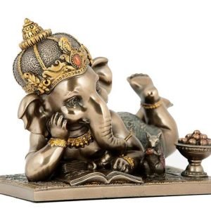 SrI Krishna CULTURE-Cute Ganesha Lying Pose Reading Book for Home Decoration-Length-5 Inches-Antique Finish-Resin