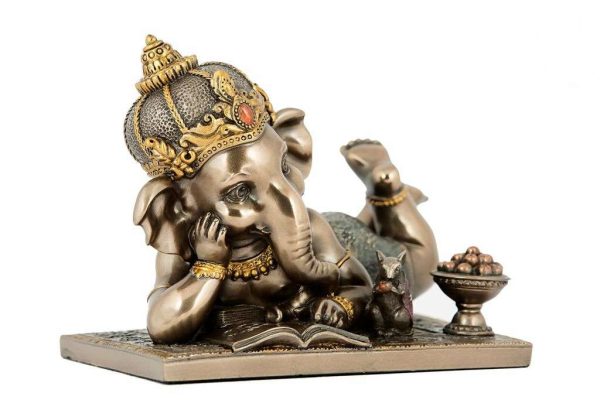 SrI Krishna CULTURE-Cute Ganesha Lying Pose Reading Book for Home Decoration-Length-5 Inches-Antique Finish-Resin - Image 2