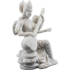 Sri Krishna Culture-Big Beautiful Saraswati Sitting on Rocks Playing Sitar for Home Decoration-Height-6 Inches-Glossy White-Marble