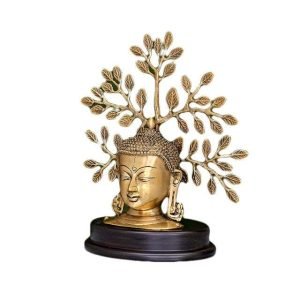 Sri Krishna Culture-Big Beautiful Brass Buddha with A Carved Tree for Home Decoration-Height-7.5 Inches-Brass