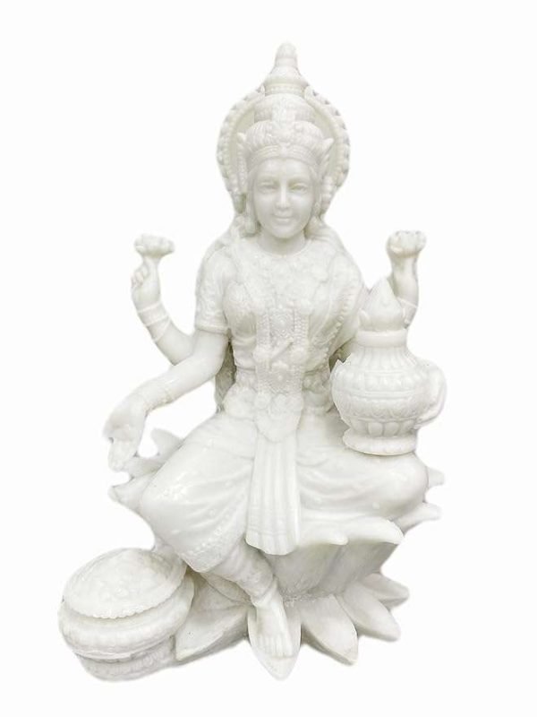 SrI Krishna CULTURE-New Big Beautiful Sitting Laxmi On Lotus for Home Decoration-Height-8 inches-Glossy White Finish-Marble