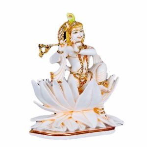 SrI Krishna CULTURE-New Big Beautiful Krishna Playing Flute On Lotus Home Decoration-Height-8 inches-Glossy White Finish-Marble
