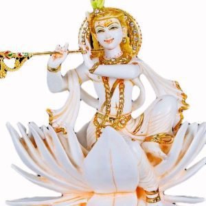 SrI Krishna CULTURE-New Big Beautiful Krishna Playing Flute On Lotus Home Decoration-Height-8 inches-Glossy White Finish-Marble