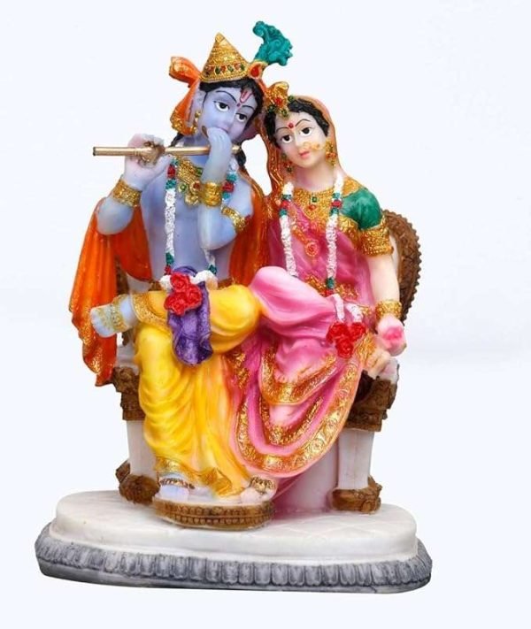 Sri Krishna Culture- Hand Crafted Regular Sitting Radha Krishna Murti On Chair-Hindu God and Goddess Idol/Statue/Murti/Figurine-Polyster Resin-Multicolour-Showpieces for Gifting and Home Decor