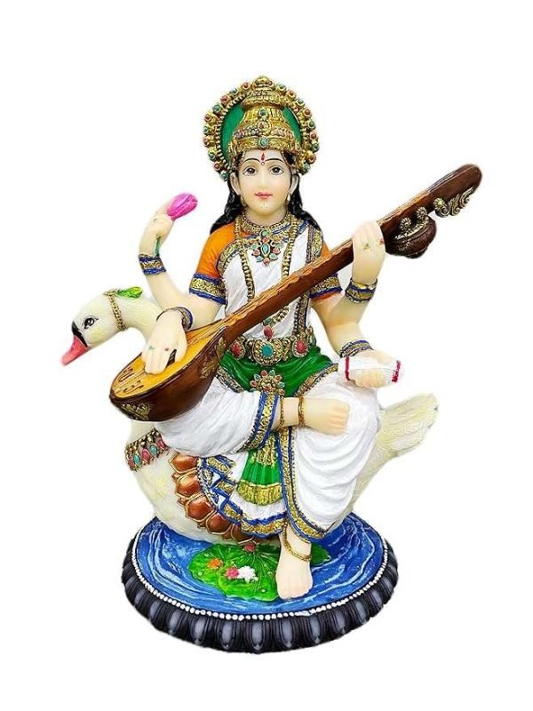 Sri Krishna Culture-Large Saraswati Ji-Hindu God and Goddess Idol/Statue/Murti-(Height- 8.5 Inches)-Cold Cast Resin-Ivory Finish