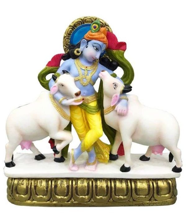 Sri Krishna Culture Standing Krishna with 2 Cows(Height-12) - Hindu God and Goddess Idol/Statue/Murti/Figurine-Polyster Resin-Multicolour
