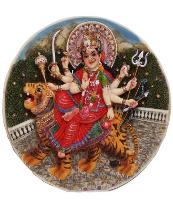 Sri Krishna Culture Plate Durga Mata Wall Hanging(Height-8") - Hindu God and Goddess Idol/Statue/Murti/Figurine-Polyster Resin-Multicolour