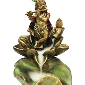 Sri Krishna Culture Polyresin Krishna Murti Playing Flute On Lotus Backflow Smoke Incense Fountain, Multicolour