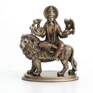 Sri Krishna Culture Hindu Goddess Durga Riding on Lion Miniature Statue Resin Hand Painted Figurine-Height-3.75 Inches