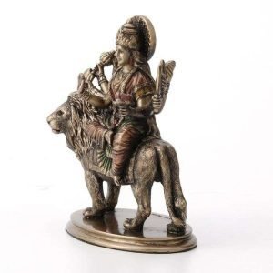 Sri Krishna Culture Hindu Goddess Durga Riding on Lion Miniature Statue Resin Hand Painted Figurine-Height-3.75 Inches