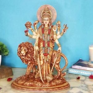 Sri Krishna Culture-New Big Beautiful Standing Durga Besides Lion-Height-12 Inches Showpiece for Home Decoration-Ivory Antique Finish-Resin