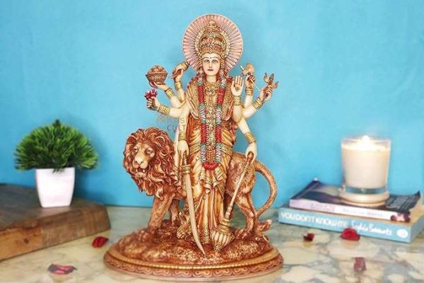 Sri Krishna Culture-New Big Beautiful Standing Durga Besides Lion-Height-12 Inches Showpiece for Home Decoration-Ivory Antique Finish-Resin