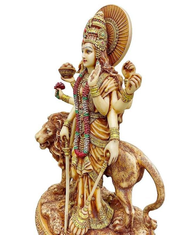 Sri Krishna Culture-New Big Beautiful Standing Durga Besides Lion-Height-12 Inches Showpiece for Home Decoration-Ivory Antique Finish-Resin - Image 3