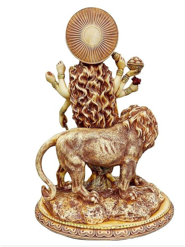 Sri Krishna Culture-New Big Beautiful Standing Durga Besides Lion-Height-12 Inches Showpiece for Home Decoration-Ivory Antique Finish-Resin - Image 4