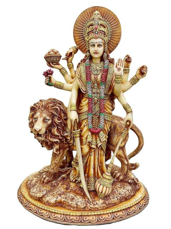 Sri Krishna Culture-New Big Beautiful Standing Durga Besides Lion-Height-12 Inches Showpiece for Home Decoration-Ivory Antique Finish-Resin - Image 5