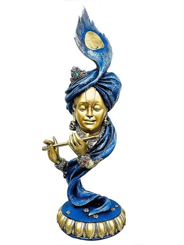 SrI Krishna CULTURE-Large Beautiful Krishna Wearing Turban Playing Flute-Height-24 Inches-Multicoloured-Resin