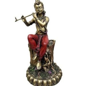 New Large Sitting Krishna On Tree Trunk Playing Flute-Height-20 Inches-Antique Finish-Resin