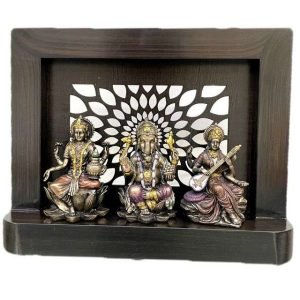 Sri Krishna Culture-Laxmi Ganesh and Saraswati On Large Wooden Stand with Cutwork-Frame for Decoration in Home and Temple Purposes-Height-11 Inches
