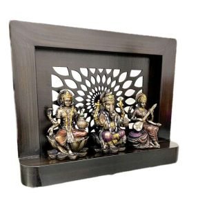Sri Krishna Culture-Laxmi Ganesh and Saraswati On Large Wooden Stand with Cutwork-Frame for Decoration in Home and Temple Purposes-Height-11 Inches