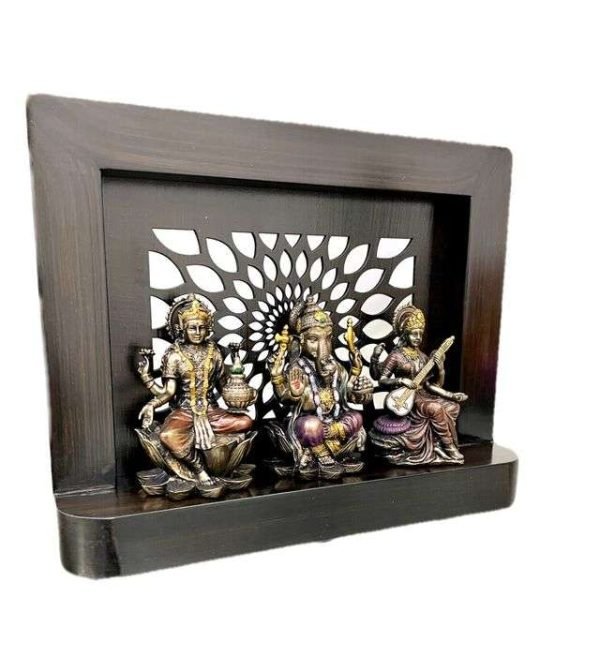 Sri Krishna Culture-Laxmi Ganesh and Saraswati On Large Wooden Stand with Cutwork-Frame for Decoration in Home and Temple Purposes-Height-11 Inches - Image 2
