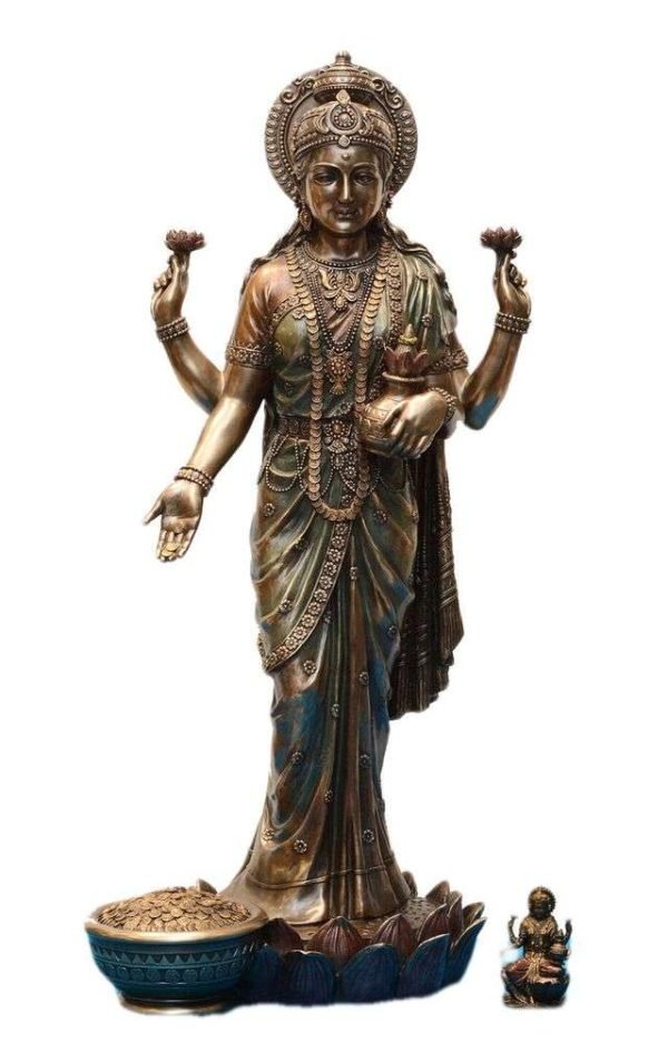 SrI Krishna CULTURE-New Large Standing Laxmi Ji with 4 Hands with Base-Height-27 Inches-Antique Finish