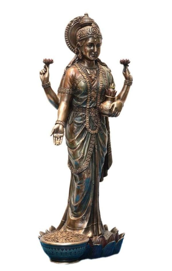 SrI Krishna CULTURE-New Large Standing Laxmi Ji with 4 Hands with Base-Height-27 Inches-Antique Finish - Image 2
