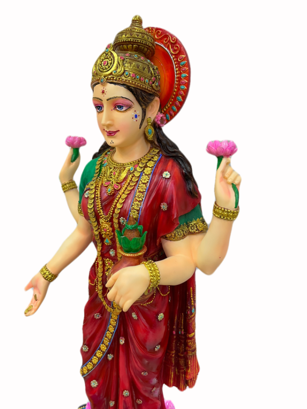 Sri Krishna Culture-New Large Standing Laxmi Ji with 4 Hands with Base-Height-27 Inches-Multicoloured - Image 3