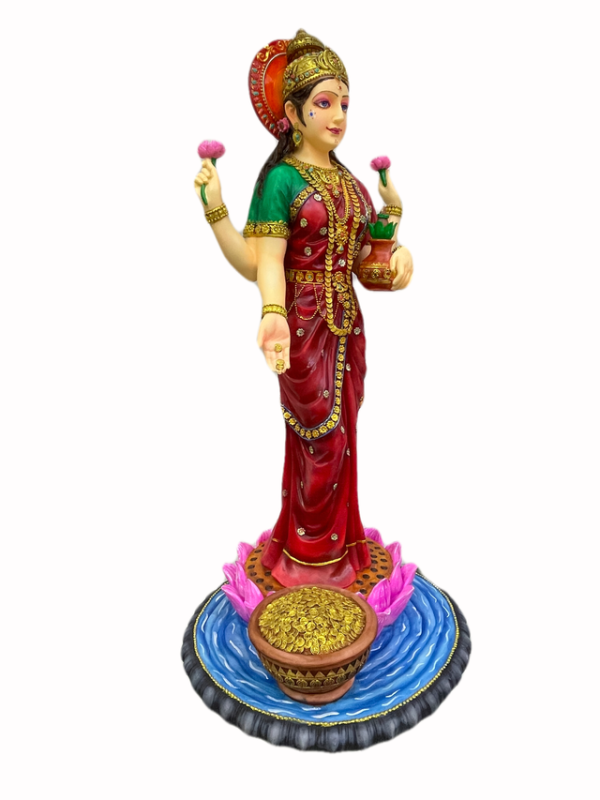 Sri Krishna Culture-New Large Standing Laxmi Ji with 4 Hands with Base-Height-27 Inches-Multicoloured - Image 2