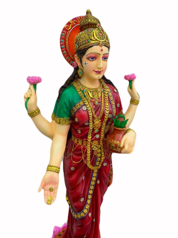 Sri Krishna Culture-New Large Standing Laxmi Ji with 4 Hands with Base-Height-27 Inches-Multicoloured - Image 4