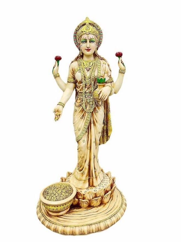 Sri Krishna Culture-New Large Standing Laxmi Ji with 4 Hands with Base-Height-27 Inches-Ivory Antique Finish