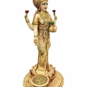 Sri Krishna Culture-New Large Standing Laxmi Ji with 4 Hands with Base-Height-27 Inches-Ivory Antique Finish