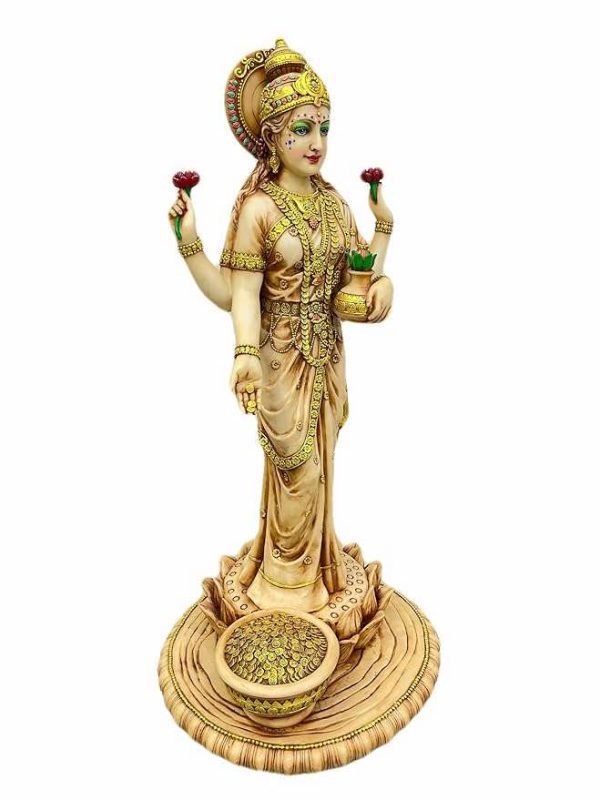 Sri Krishna Culture-New Large Standing Laxmi Ji with 4 Hands with Base-Height-27 Inches-Ivory Antique Finish - Image 2
