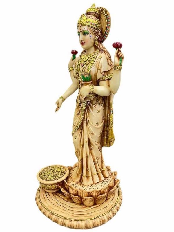 Sri Krishna Culture-New Large Standing Laxmi Ji with 4 Hands with Base-Height-27 Inches-Ivory Antique Finish - Image 3