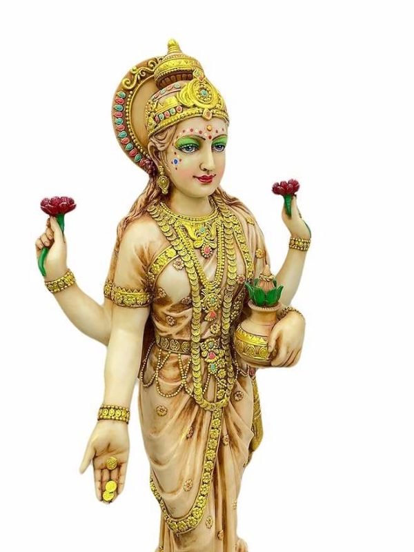 Sri Krishna Culture-New Large Standing Laxmi Ji with 4 Hands with Base-Height-27 Inches-Ivory Antique Finish - Image 4