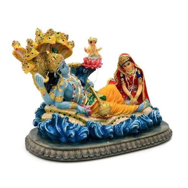 Sri Krishna Culture- Lord Vishnu on a Bed of Snakes With Lakshmi and Brahma Statue-Length-11 inches-Resin-Multicoloured - Image 3